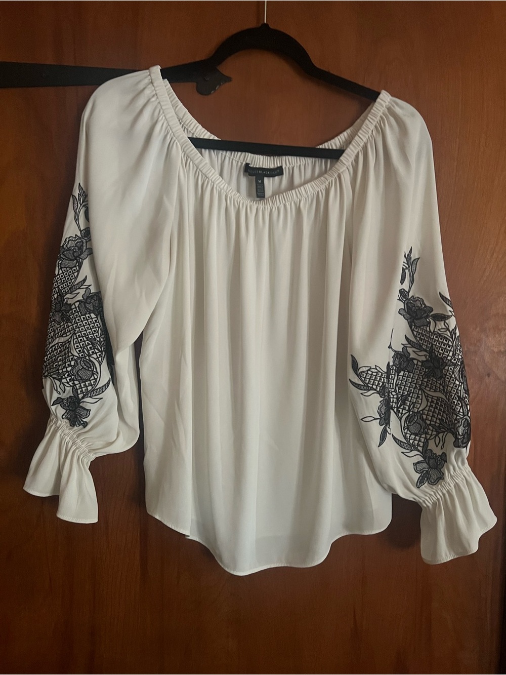 White House Black Market White Peasant Blouse with Black Embroidered Sleeves